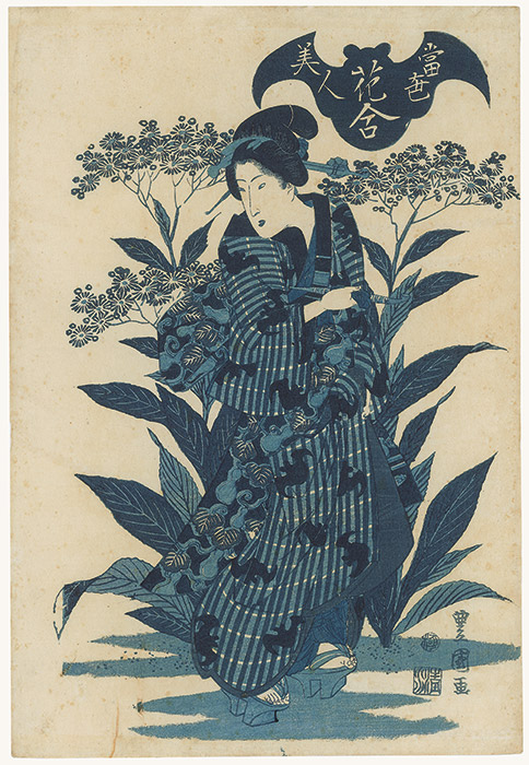 Woman, dressed in kimono with bat design and obi sash of eggplant and vines, stands before a maiden flower bush with tobacco pipe in her hand